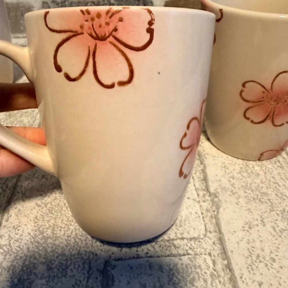 Lot of 3 Pier 1 imports ceramic mugs pink floral